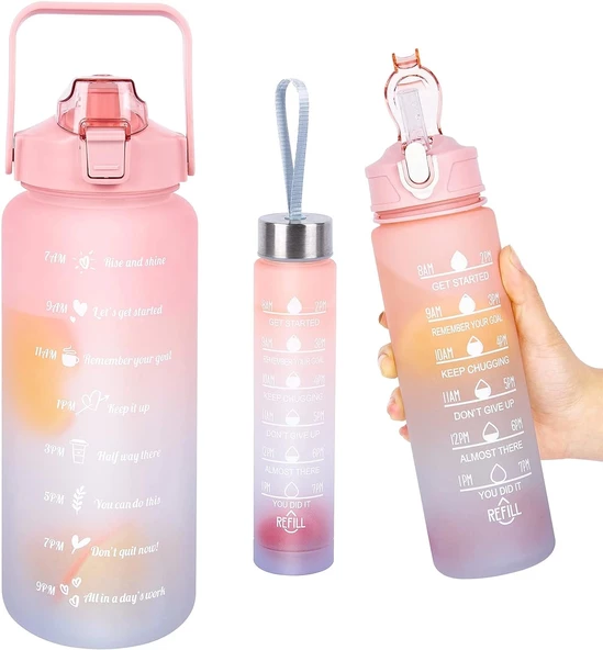 3'lü Motivasyon Su Matarası Rengarenk Figürlü Pipetli Su Şişesi Taşınabilir Seyahat Suluk ve Matara 2000 ml. + 900 ml. 5