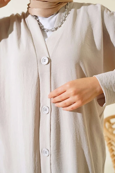 Önü Düğmeli Ayrobin Taş Uzun Hırka - 4