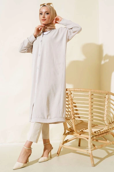 Önü Düğmeli Ayrobin Taş Uzun Hırka - 2