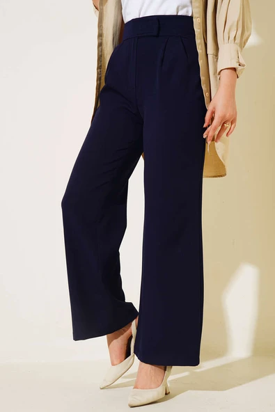 Beli Cırtlı Bol Paça Pantolon Lacivert - Resim 2