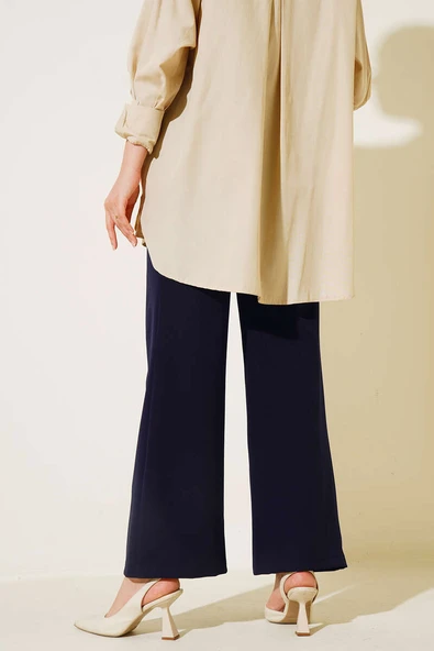 Beli Cırtlı Bol Paça Pantolon Lacivert - Resim 3