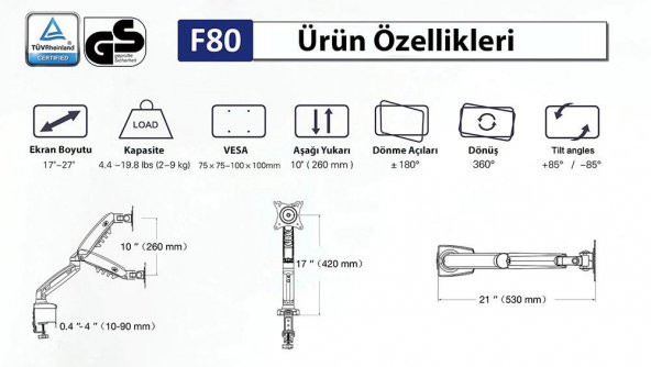 North Bayou NB F80 Tek Kol Amortisörlü Monitör Tutucu - 9