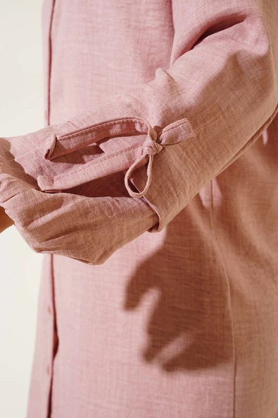 Düğmeli Keten İkili Takım Pudra - Resim 4