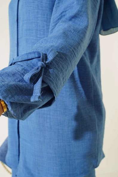 Düğmeli Keten İkili Takım Mavi - Resim 4