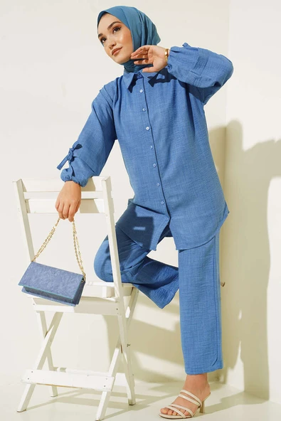 Düğmeli Keten İkili Takım Mavi ürün görseli 1