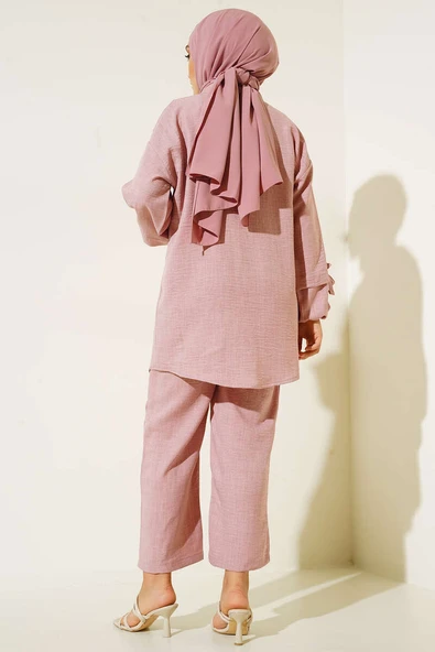 Düğmeli Keten İkili Takım Pudra - Resim 3