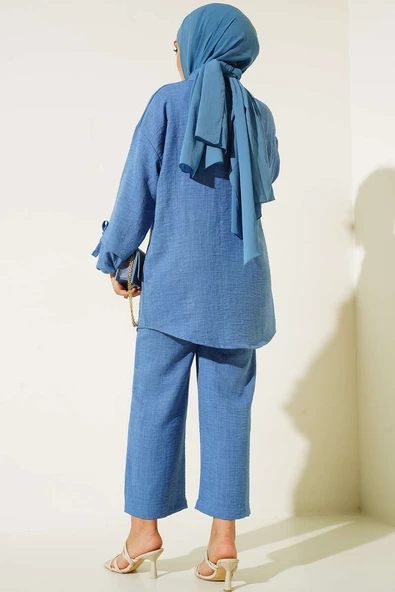 Düğmeli Keten İkili Takım Mavi - Resim 3