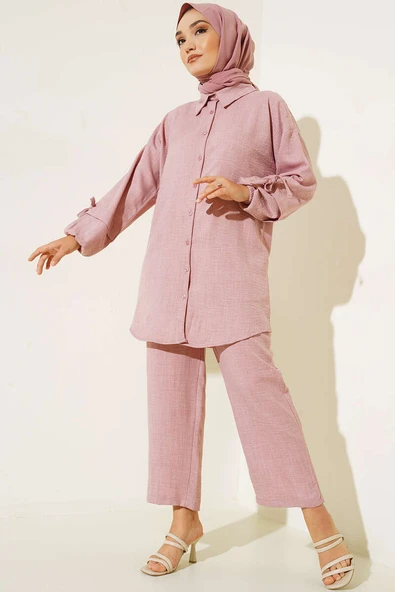 Düğmeli Keten İkili Takım Pudra ürün görseli 1