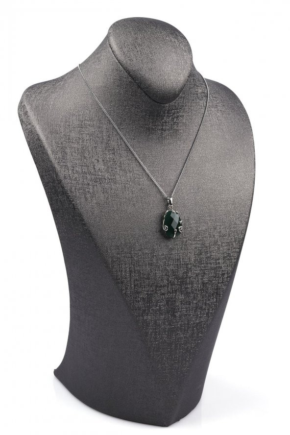 Yeşil Akik Doğal Taş Gümüş Renkli Kolye - Resim 2