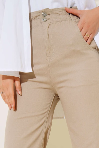 Yüksek Bel Lastikli Salaş Pantolon Taş - Resim 4