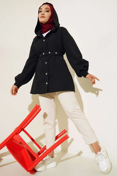 Kapşonlu Çıt Çıt Kısa Trenç Siyah - Resim 2