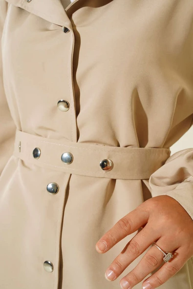 Kapşonlu Çıt Çıt Kısa Trenç  Bej - Resim 4