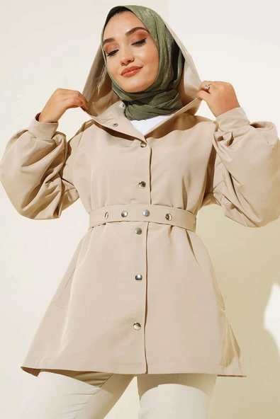 Kapşonlu Çıt Çıt Kısa Trenç  Bej ürün görseli 1