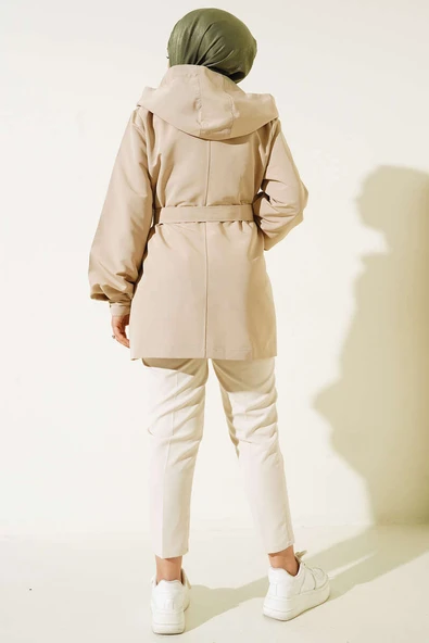 Kapşonlu Çıt Çıt Kısa Trenç  Bej - Resim 3