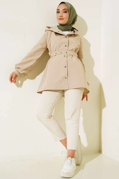 Kapşonlu Çıt Çıt Kısa Trenç  Bej - Resim 2
