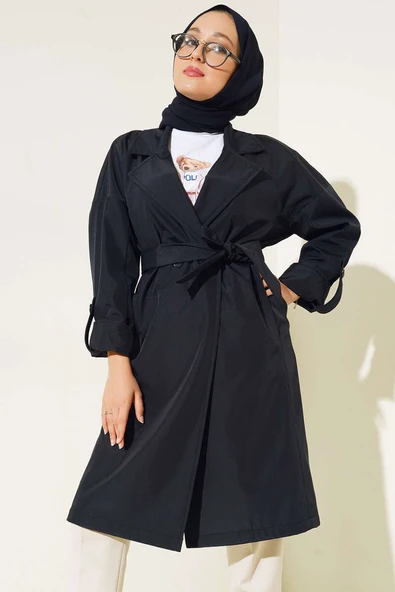 İki Düğmeli Bel Kuşaklı Trençkot Lacivert - Resim 2