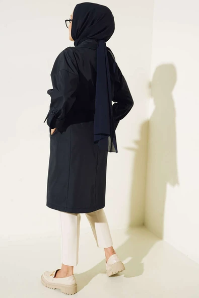 İki Düğmeli Bel Kuşaklı Trençkot Lacivert - Resim 3