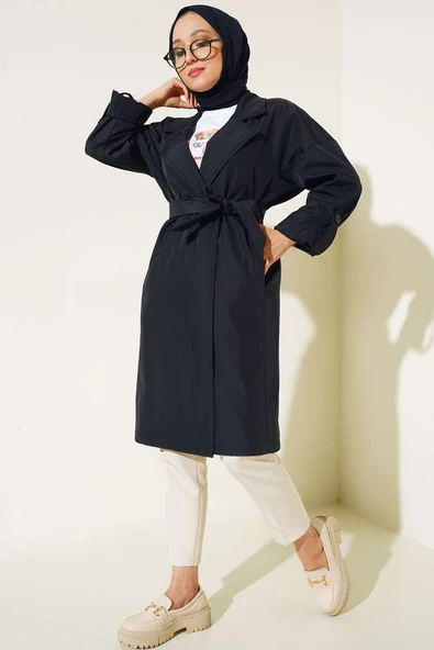 İki Düğmeli Bel Kuşaklı Trençkot Lacivert ürün görseli 1