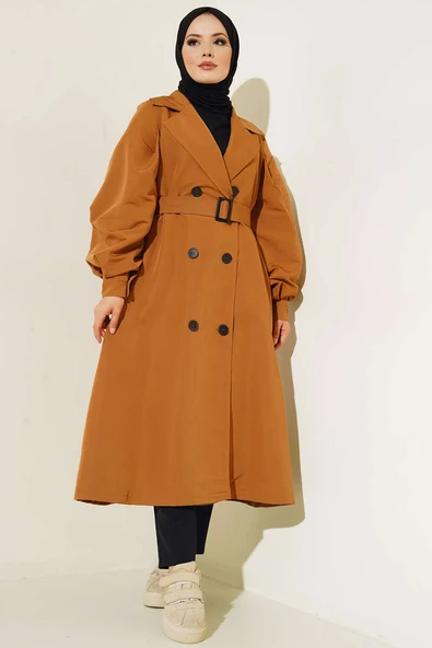 Kol Düğmeli Kemer Tokalı Trenç Taba ürün görseli 1