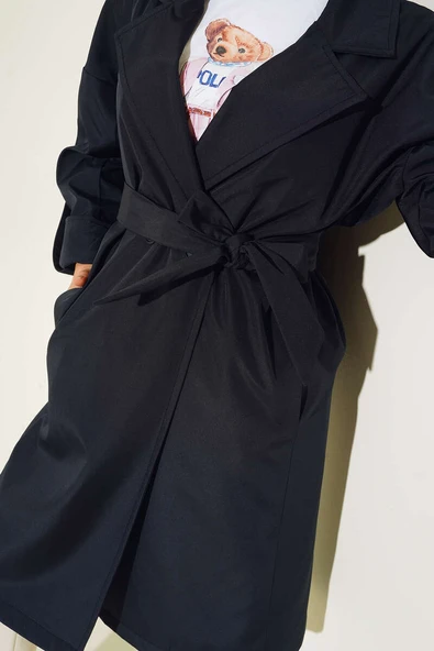 İki Düğmeli Bel Kuşaklı Trençkot Lacivert - Resim 4