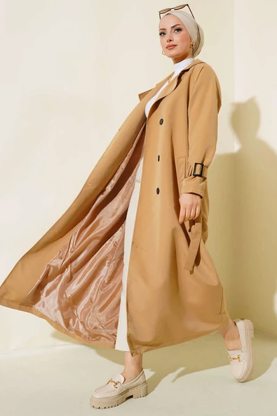 İçi Astarlı Kuşaklı Trençkot Camel ürün görseli 1