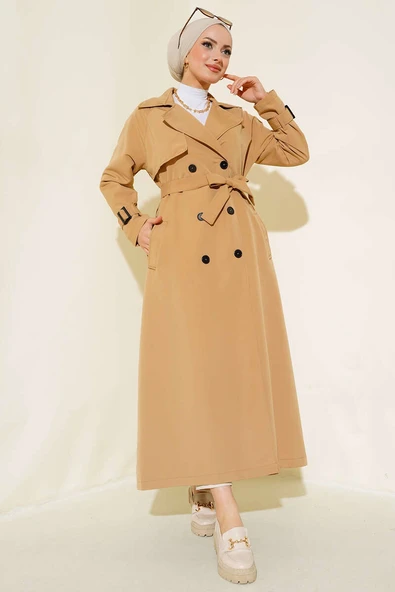 İçi Astarlı Kuşaklı Trençkot Camel - Resim 2