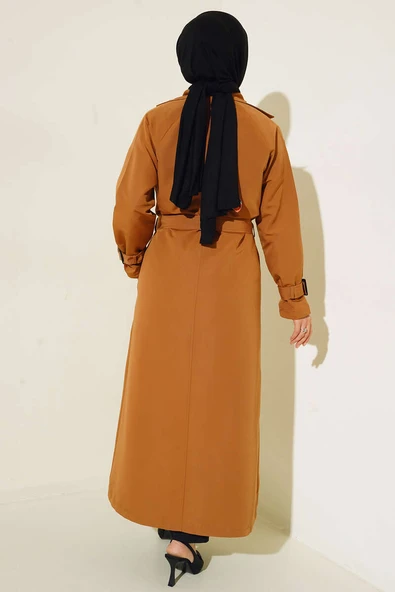 İçi Astarlı Kuşaklı Trençkot Taba - 3