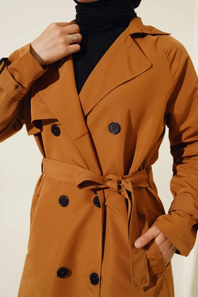 İçi Astarlı Kuşaklı Trençkot Taba - Resim 4