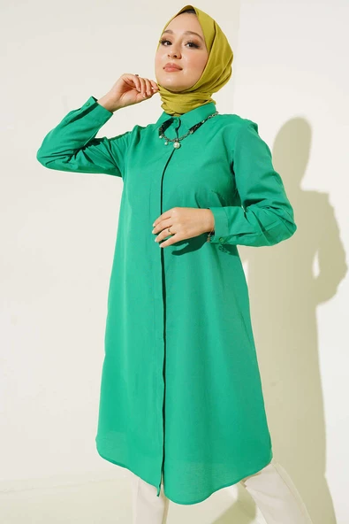 Uzun Model Klasik Yaka Zümrüt Yeşili Tunik - Resim 2