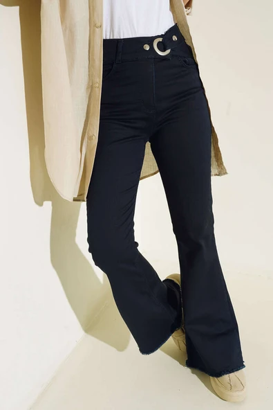 Kemer Görünümlü İspanyol Paça Jean Pantolon Koyu Mavi - 2