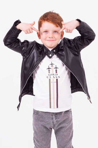 Erkek Çocuk Fermuarlı Astarlı Çıtçıtlı Kol Deri Ceket - 3