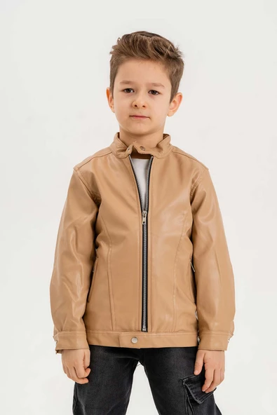 Erkek Çocuk Fermuarlı Astarlı Çıtçıtlı Kol Deri Ceket - 5