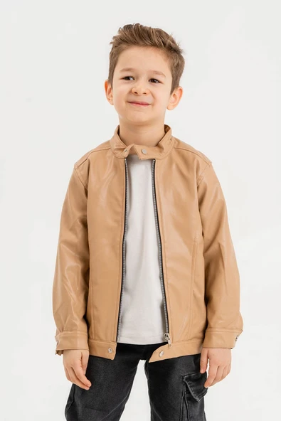 Erkek Çocuk Fermuarlı Astarlı Çıtçıtlı Kol Deri Ceket