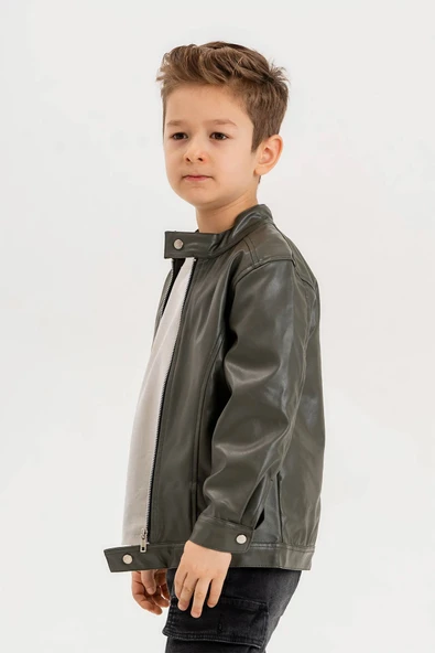 Erkek Çocuk Fermuarlı Astarlı Çıtçıtlı Kol Deri Ceket - 9