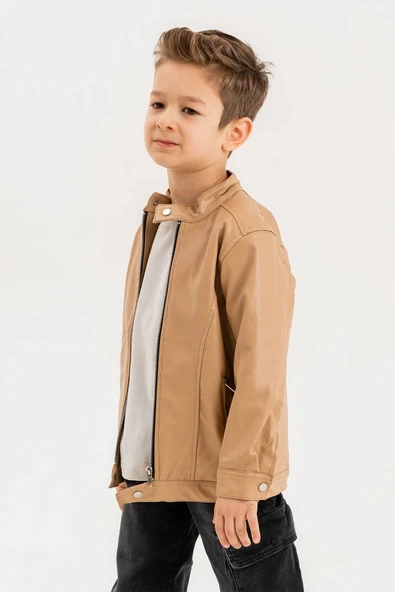 Erkek Çocuk Fermuarlı Astarlı Çıtçıtlı Kol Deri Ceket - 4