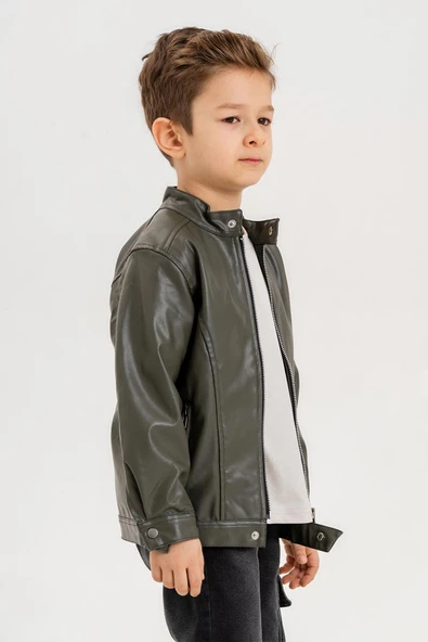 Erkek Çocuk Fermuarlı Astarlı Çıtçıtlı Kol Deri Ceket - 10