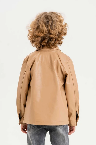 Fermuarlı Astarlı Su Geçirmez Erkek Çocuk Deri Ceket - 6