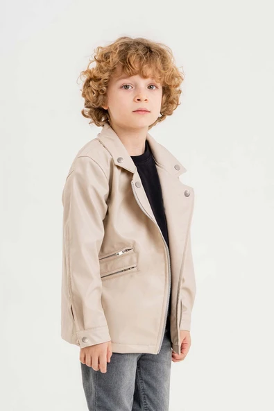 Fermuarlı Astarlı Su Geçirmez Erkek Çocuk Deri Ceket - 4