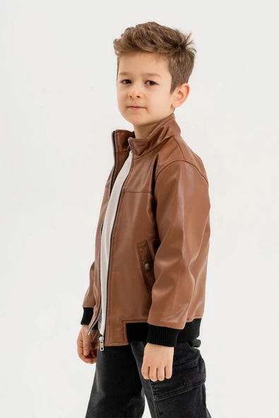 Fermuarlı Klasik Erkek Çocuk Deri Ceket - 11