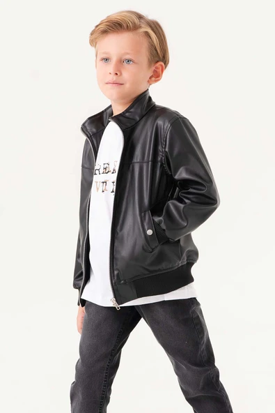 Fermuarlı Klasik Erkek Çocuk Deri Ceket - 4