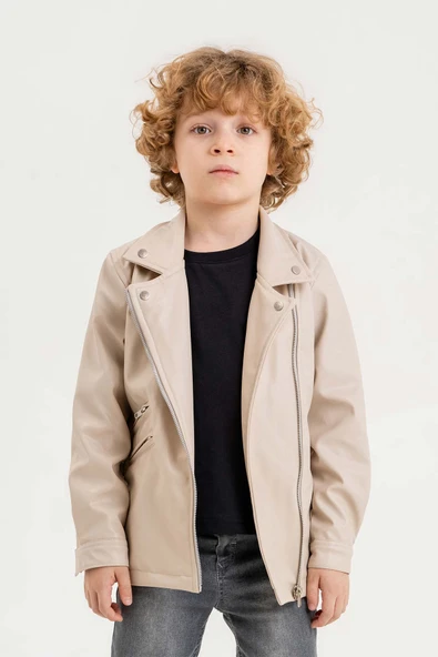 Fermuarlı Astarlı Su Geçirmez Erkek Çocuk Deri Ceket - 5