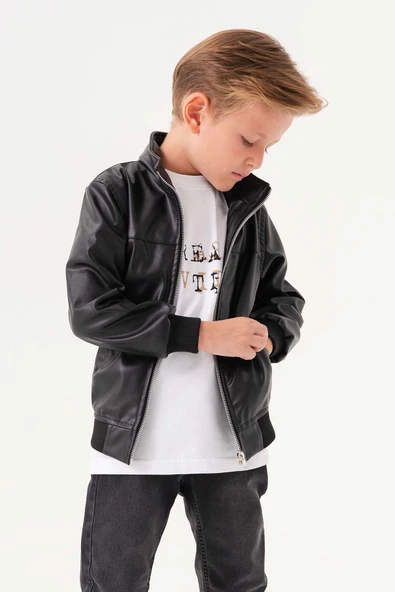 Fermuarlı Klasik Erkek Çocuk Deri Ceket - 5