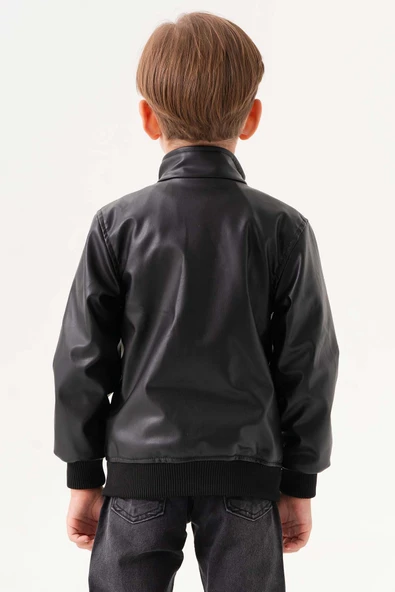 Fermuarlı Klasik Erkek Çocuk Deri Ceket - Resim 3