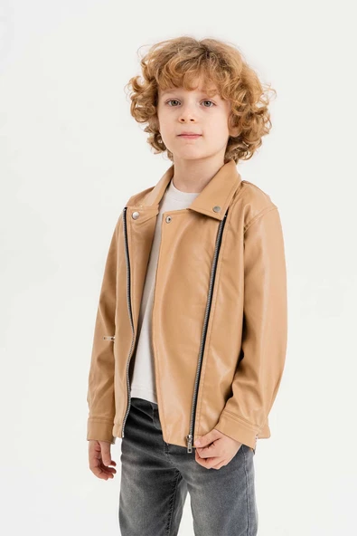 Fermuarlı Astarlı Su Geçirmez Erkek Çocuk Deri Ceket - 9