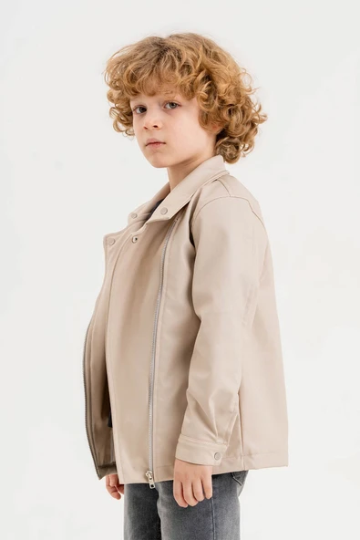 Fermuarlı Astarlı Su Geçirmez Erkek Çocuk Deri Ceket - 3