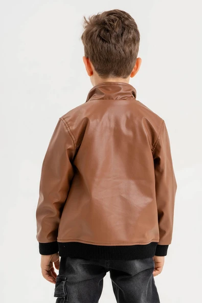 Fermuarlı Klasik Erkek Çocuk Deri Ceket