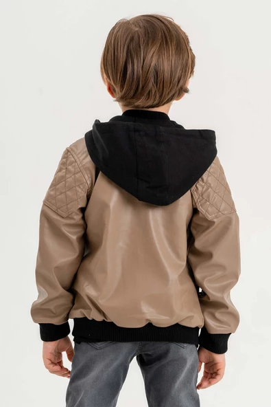 Kapüşonlu Cepli Fermuarlı Erkek Çocuk Deri Ceket - 5