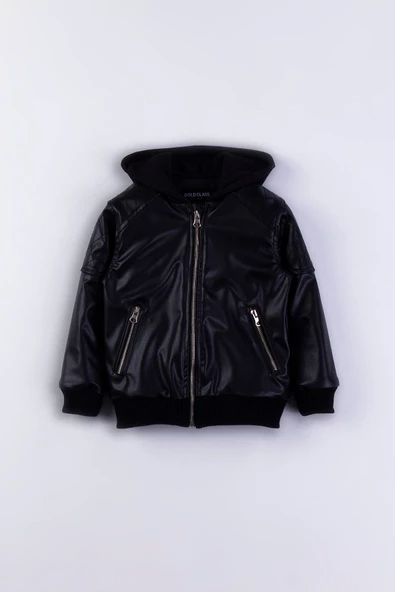 Kapüşonlu Cepli Fermuarlı Erkek Çocuk Deri Ceket - 11