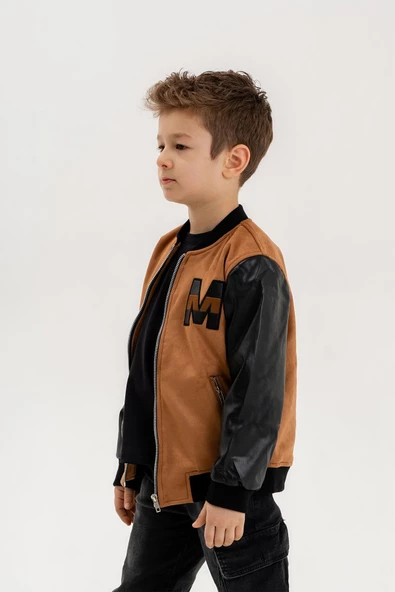 Deri Garnili Cepli Fermuarlı Erkek Çocuk Kolej Ceket - 11