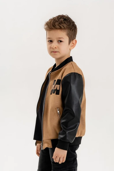Deri Garnili Cepli Fermuarlı Erkek Çocuk Kolej Ceket - 2